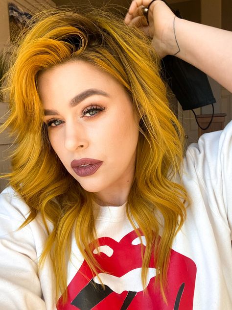 Yellow mustard hair pulp riot satire pravana yellow direct dye Mustard Yellow Hair Color, Mustard Hair Color, Yellow And Grey Hair, Marigold Hair Color, Yellow Copper Hair, Copper And Yellow Hair, Yellow Money Piece Hair, Sunflower Hair Color, Yellow Balayage