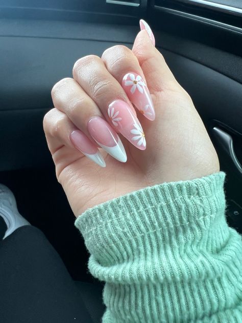 White French Nails Ideas Almond, Spring Nails Long Almond, White Almond Nails With Flowers, Short Almond Acrylic Nails Spring French Tip, Mothers Day Nails Ideas Almond, Spring Birthday Nails Almond, Almond Floral Nails, Easter Almond Nails, French Tip Almond Nails With Design