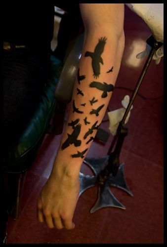 Birds Tattoo All Black Bird Tattoo, Crow Tattoo On Shoulder, Crow Tattoo Arm, Bird Arm Tattoo, Itachi Crows Tattoo, Crows Tattoo Arm, Raven Bicep Tattoo, Small Black Bird Tattoo Crows, Tattoos On Forearm