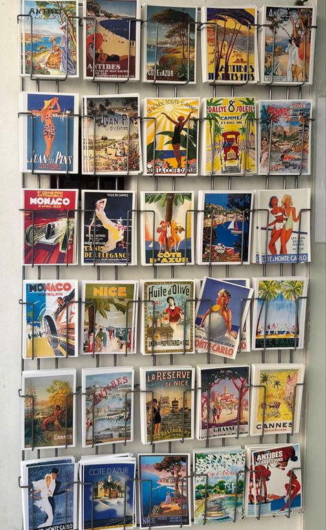 #postcards #southoffrance Post Card Display Wall, Post Cards On Wall Ideas, Postcard Display Wall, Vintage Postcard Display, Bookstore Design, Postcard Display, Apartment Accessories, Postcard Wall, Postcard Collection