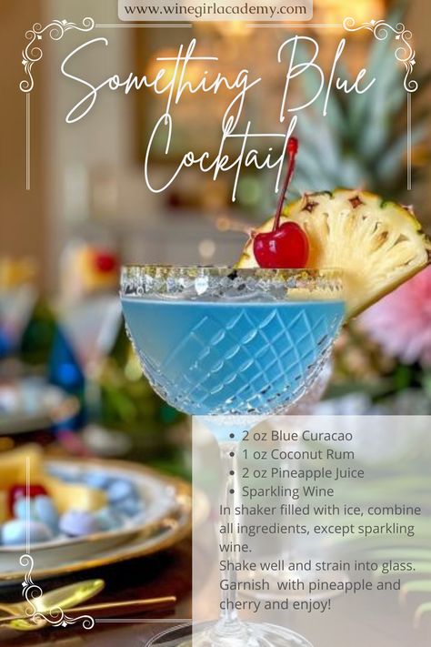 Something Blue - a stunning, easy-to-make wedding cocktail that combines coconut rum, Blue Curaçao, pineapple juice, and sparkling wine or champagne. Its vibrant blue hue, fits in with tradition and symbolizes love, making it a memorable addition to your special day. Quick to mix and sure to impress, it's the perfect way to toast to love and happiness! 💕 �💍 Something Blue Cocktail, Blue Sangria Recipe, Blue Wedding Drinks, Sparkle Cocktail, Light Blue Cocktails, Blue Cocktail Recipes, Easy Blue Cocktails, Blue Cocktails For Wedding, Blue Mimosa