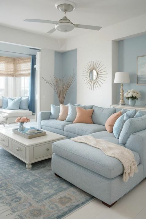 Living Room Designs Pastel Colors, Coastal Blue Interior Design, Sky Blue Couch Living Room, Living Room Light Blue Couch, Pastel Home Decor Living Room, Dusty Blue Living Room Decor, Light Blue And Grey Living Room, Apartment Decorating Blue, Light Blue Living Room Color Scheme