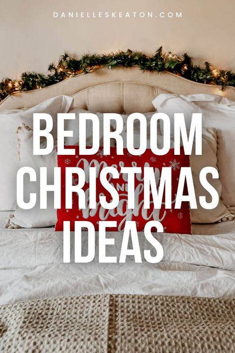 Looking for bedroom Christmas ideas? Come take a look inside our very merry bedroom and get ideas that won't break your back or the bank! Christmas Decor Ideas. Simple Christmas Decor. Xmas Decorations Bedroom, Brown Christmas Bedding, Christmas Garland Bedroom, Christmas Decor Guest Bedroom, Christmas Window Seat Decorations, Decorating My Bedroom For Christmas, Bedside Table Christmas Decor, Decorating Bedrooms For Christmas, Christmas Ideas For Bedroom