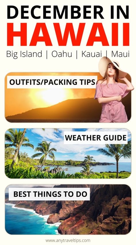 Avoid the common mistakes tourists make in Hawaii during December (Christmas/Holiday Season). Know what to pack and wear (outfits/packing list). Includes weather tips for Oahu, Big Island, Kauai, and Maui. Oahu Hawaii Outfits, Must Do In Maui, December Weather, Hawaii In December, Hawaii Packing List, Big Island Travel, December Outfits, Hawaii Christmas, December Christmas