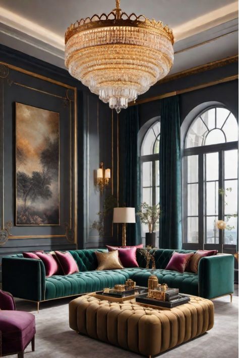 Glamorous living room with jewel tones and velvet furniture Dark Jewel Tone Living Room, Living Room Jewel Tones, Luxurious Living Room Ideas, Jewel Tone Living Room, Luxurious Living Room, Open Concept Living Room, Perfect Living Room, Convertible Sofa Bed, Living Room Remodel