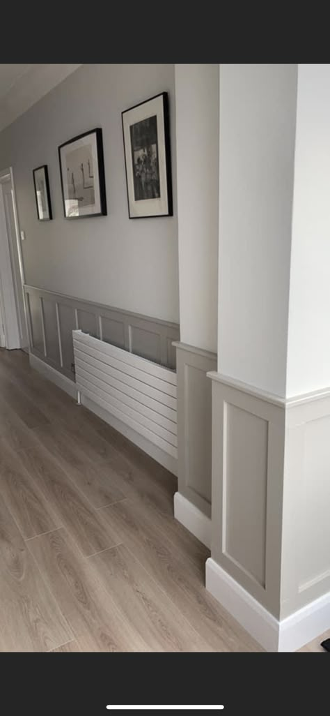 Vj Panelling Living Room Half Wall, Entrance Hall Wall Panelling, Half Grey Half White Walls, Hallway Panelling With Shelf, Entrance Hall Paneling Ideas, Modern Coastal Hallway, Small Panelled Hallway, Hallway Panneling Ideas Beige, Hall Panelling Hallways