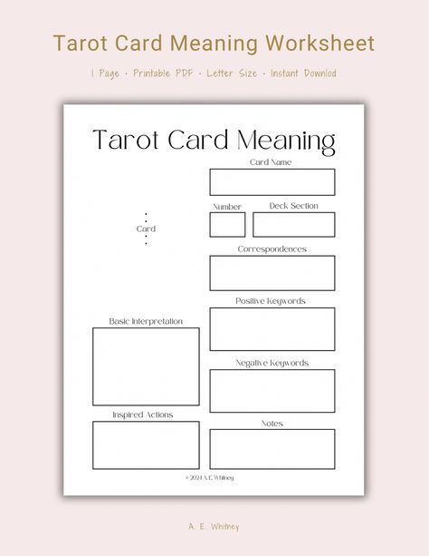 Printable Tarot Card Meaning Worksheet - Payhip Free Tarot Journal Printable, Tarot Worksheets, Printable Tarot Cards, Journal Worksheets, Wishlist Printable, Sun And Moon Tarot, Free Tarot, Study Journal, Printable Planner Pages