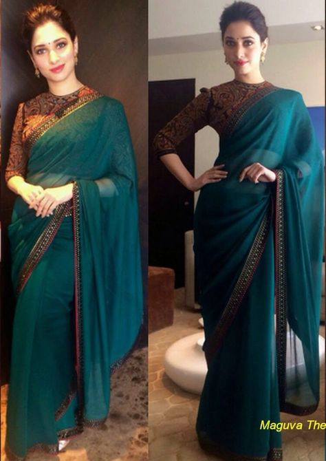 Green Georgette Saree, Georgette Saree With Blouse, Saree Blouse Styles, Saree Wearing, Sarees For Girls, Saree Wearing Styles, Indian Sari Dress, Sari Design, Tamanna Bhatia