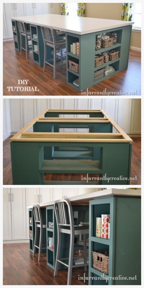 Looking for a craft table that is easy to assemble? Look no further than this DIY craft table! Large Craft Table, Cube Craft, Craft Tables With Storage, Craft Room Tables, Craft Table Diy, Sewing Room Inspiration, Sewing Room Design, Dream Craft Room, Ikea Kallax