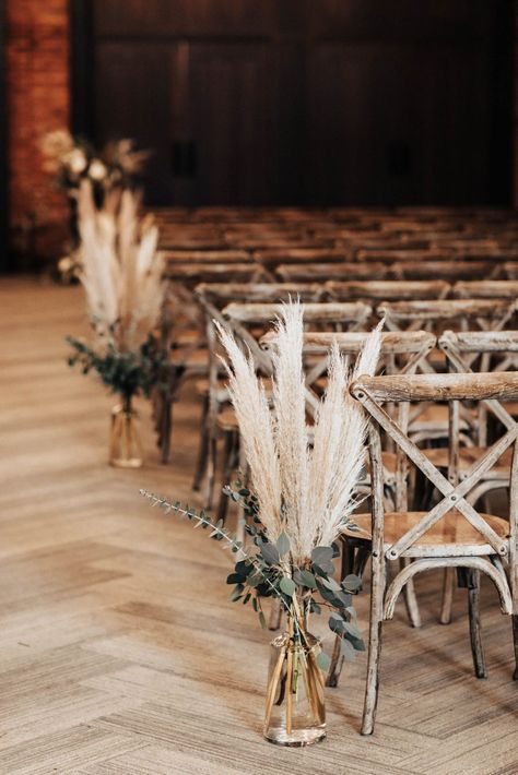 Boho Elegant Chic Tampa Heights Wedding | Armature Works | Photography by Small Boho Wedding Centerpieces, Pompous Grass And Eucalyptus Centerpieces, Boho Western Wedding Aisle Decor, Pampas Fall Wedding, Neutral Wedding Ceremony Decor, Wedding Boho Rustic, Rustic Boho Wedding Colors, Simple Centerpiece Wedding Rustic, Simple Table Set Up Wedding