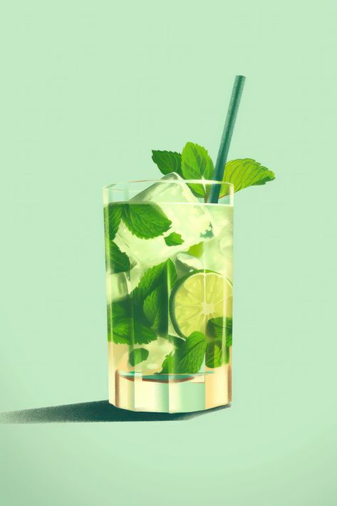 This light green mojito art poster showcases a refreshing cocktail centrepiece in a minimalist style, making it an ideal addition to any modern kitchen or bar area. This contemporary home decor piece brings a touch of elegance and sophistication to your living space. The simple beverage design highlights the mojito cocktail with crisp lines and a clean aesthetic, capturing the essence of minimalist art while celebrating a beloved drink. Green Cocktail Aesthetic, Green Drink Aesthetic, Cocktails Painting, Mojito Print, Mojito Illustration, Mojito Poster, Mojito Aesthetic, Cocktail Decoration, Green Drinks