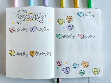 Jaclyn Toms on Instagram: "February Weekly Spread #2 ! 💗💜💛 It was a crazy fun weekend but I am ready to get back to a regular day to day schedule 💚🧡❤️ Tags 🏷️ #februarybulletjournal #candyhearts #monthlytheme #bulletjournal #planwithme #journaling #bujo #bulletjournaltheme #bulletjournalcommunity #bulletjournalling #monthlyspread #bujospread #2023planner #showmeyourplanner #bujocommunity #bujomonthly #habittracker #moodtracker" February Bujo Weekly Spread, February Bujo Spread, February Weekly Spread, February Bujo, February Bullet Journal, Bujo Weekly Spread, Journal 2024, Bullet Journal Weekly Spread, Day Schedule