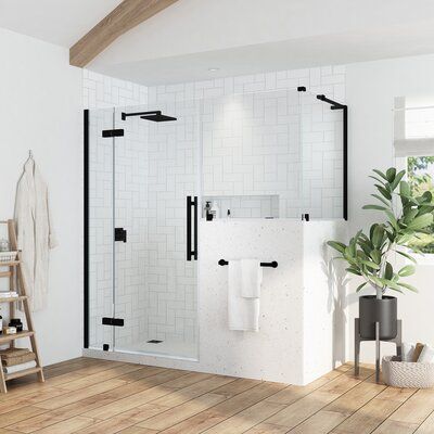 This shower kit with buttress panel features a fixed panel hinge system, offering an industrial-inspired look that will complement any space. It comes with premium quality oversized hardware complete with a Satin Nickel finish, and includes a 10 in. wide fixed panel, a 30 in. wide door panel, a 24 in. wide buttress inline panel, a 30 in. wide buttress side panel, ideal for a Buttress Corner installation. All panels are made from Premium 8mm (5/16") thick certified tempered glass. Frame Finish: Shower Door Wall, Shower Buttress Wall, Toilet Privacy Screen Bathroom, Shower Remodel Half Wall, Walk In Shower With Half Wall And Glass Door, Glass Shower Doors Frameless Half Walls, Walk In Shower With Double Shower Heads, Half Shower Glass Door, Bathroom With Standing Tub