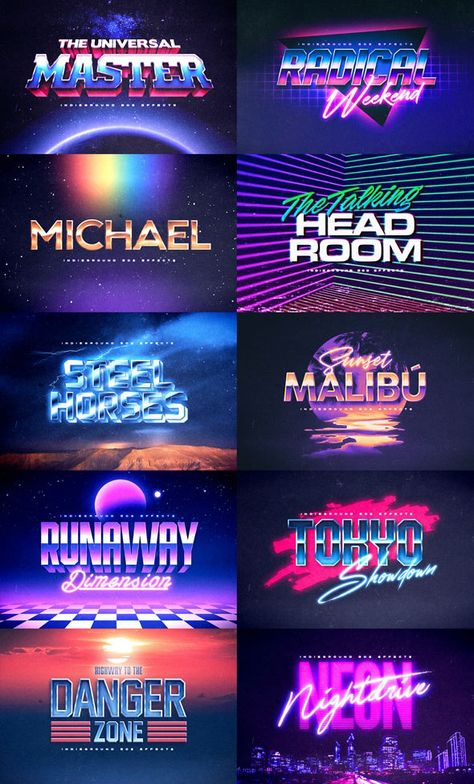 by indieground Retro Wave, Retro Design Graphic, 80s Graphic Design, 80s Graphic Design Typography, Neon Effect Illustrator, Vaporwave Font, 1980s Fonts Typography, Synthwave Typography, 80s Logo