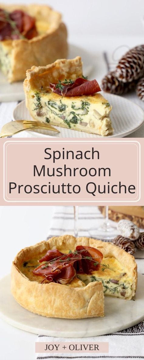 Spinach Mushroom Prosciutto Quiche is a perfect addition to your brunch menu to make your gathering special. This quiche is made in a deep-dish pan, has a flaky crust, and is loaded with flavor. Our quiche is hearty, filled with fresh spinach, sliced mushrooms, herbs, havarti and gruyere cheeses, and finished with crispy prosciutto on top. It can be made the night before, warmed the morning of and it will be perfectly filling for your family. Prosciutto Quiche, Brunch Quiche, Mushroom Quiche, Crispy Prosciutto, Quiche Recipes Easy, Spinach Mushroom, Yummy Fall Recipes, Havarti, Baked Vegetables