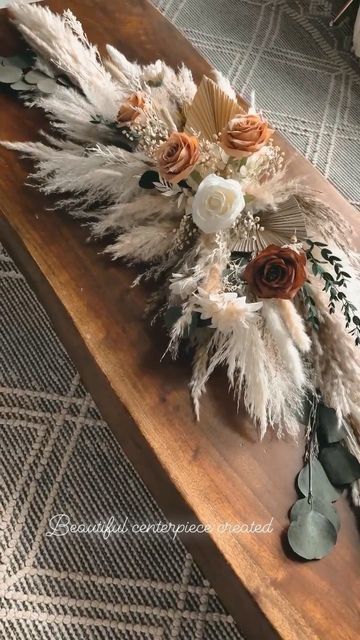 Boho Wedding Flower Garland, Boho Wedding Centerpieces Eucalyptus, Pampas Table Arrangement, Pampas Table Centerpiece Wedding, Boho Glam Wedding Centerpieces, Fall Pampas Centerpiece, Wedding Table Decorations With Pampas, Wedding Head Table Centerpiece, Boho Garland Wedding