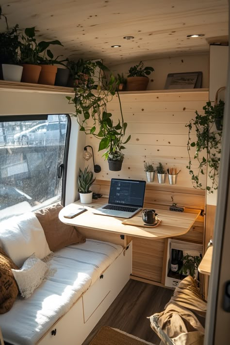 85  Camper Van Conversions for Digital Nomads - TastyInteriors Camp Van Interior, Camper Studio, Schoolie Conversion, Van Life Interior, Camper Van Interior, Caravan Design, Caravan Life, One Room Cabin, Camper Van Conversions