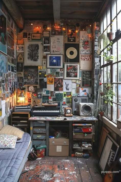 Messy Apartment Aesthetic, Room Aesthetic Grunge, Messy Room Aesthetic, Chaotic Room Aesthetic, Green Cabin Interior, Green Cozy Bedroom, Green And Wood Bedroom, Tree In Bedroom, Brown And White Bedroom