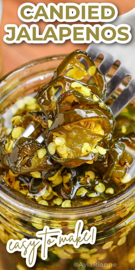 Sweet & Spicy Candied Jalapenos Recipe – Easy copycat cowboy candy with a tangy kick. Perfect for burgers, sandwiches, and more! Elevate your dishes with this flavorful condiment. #CandiedJalapenos #Recipe #FlavorfulDishes via @aylarianne Candy Jalapenos Recipe, Candied Peppers Recipe, Candied Jalapeño Dip, Pioneer Woman Cowboy Candy, Caramelized Jalapenos, Candy Jalapeno Recipe, Candied Jalapenos Recipe Easy, Cowgirl Candy Recipe With Pineapple, Candied Jalapeno Recipes