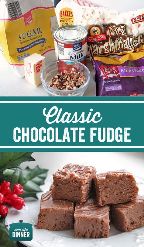 Just like Mom's! This Classic Chocolate Fudge recipe will take you back to Christmas as a kid. Such a simple Holiday treat that is much easier to make then you would think. Christmas Candy. Chocolate Fudge made with Marshmallows ~ https://reallifedinner.com Fudge Made With Marshmallows, Recipes Using Marshmallows, Best Chocolate Fudge Recipes, Original Fantasy Fudge Recipe, Christmas Fudge Recipes Easy, Classic Chocolate Fudge, Fantasy Fudge Recipe, Marshmallow Fudge Recipe, Evaporated Milk Recipes