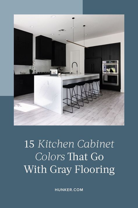 If you're doing a kitchen remodel or a refresh, having a gray floor presents many great options in terms of your color scheme. Here are 15 kitchen cabinet colors that will go great with gray floors. #hunkerhome #greyflooring #greyfloors #kitchen Kitchen With Grey Hardwood Floor, How To Decorate A House With Grey Floors, Cabinet Color With Gray Floor, Kitchen With Grey Vinyl Floor, Cabinet Color For Gray Floors, Cabinet Colors For Grey Floors, Kitchen Colors With Grey Floors, Kitchen Cabinet Colors With Grey Floors, Kitchens With Grey Flooring