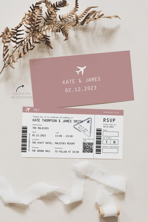 Set the stage for your dream destination wedding with exclusive boarding pass invitations that instantly transport your guests to your chosen paradise.  Tailor the color to reflect your wedding palette, and include all essential wedding details alongside a personalized QR code leading to your website or a curated guide to your stunning destination.  Embrace the DIY spirit with a digital download, allowing you to print these unique passes on your preferred material, or opt for beautifully printed cards delivered straight to your doorstep.  


.#WeddingInvitations #DIYWedding #WeddingStationery #WeddingInspiration #WeddingPlanning Boarding Pass Invitation Wedding, Beach Wedding Invitations Ideas, Invitation Flatlay, Boarding Pass Wedding Invitations, 18th Ideas, Travel Invitation, Ticket Wedding Invitations, Boarding Pass Invitation, Passport Invitations