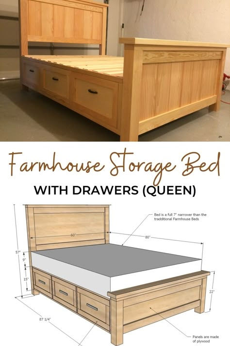 Farmhouse Storage Bed, Diy Farmhouse Bed, Beautiful Bed Designs, Diy Storage Bed, Farmhouse Storage, Bed Frame With Drawers, Diy Halloween Decor, Diy Bed Frame, Woodworking Furniture Plans