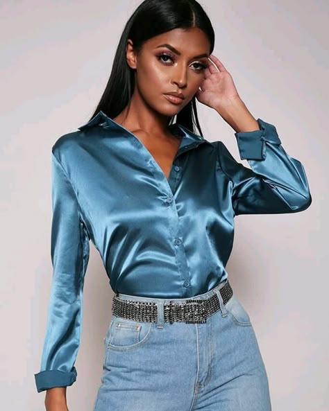 Satin Shirt Outfit Ideas, Satin Shirt Outfit, Silk Blouse Outfit, Silk Shirt Outfit, Satin Blouse Outfit, Shirt Outfit Ideas, Satin Shirts, Teal Shirt, Satin Bluse