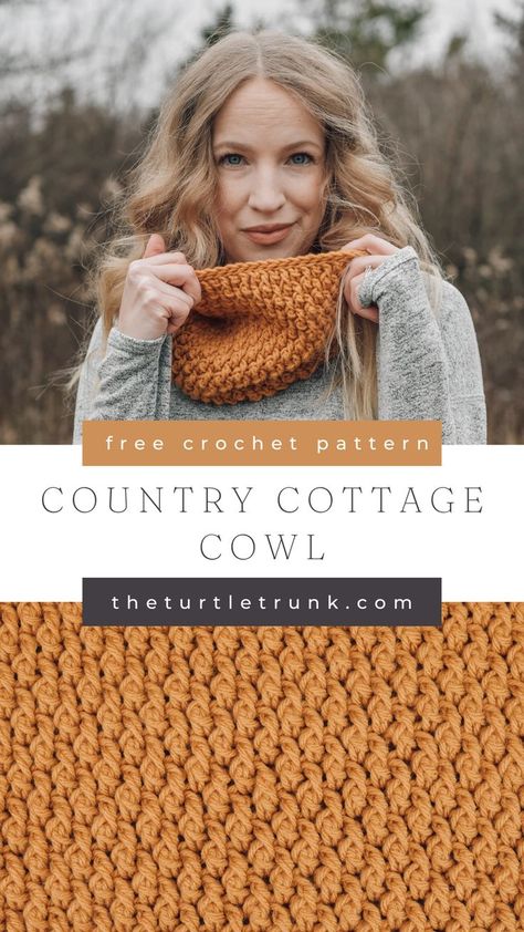 Pinterest pin for the Country Cottage Cowl crochet pattern by The Turtle Trunk. Top photo shows a woman wearing a yellow, crochet cowl. Bottom photo shows a close up of the yellow, crochet cowl. Easy Crochet Cowl, Crochet Infinity Scarf Pattern, Crochet Snood, Crochet Cowl Free Pattern, Crochet Hood, Crochet Neck Warmer, Crochet Cowl Pattern, Crochet Knit Hat, Crochet Infinity Scarf