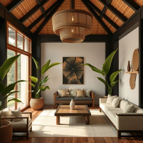 interior in bali style Balinese Inspired Home, Bali Style Home Living Rooms, Tropical Houses Exterior Bali Style, Bali Inspired Living Room, Modern Balinese House, Modern Balinese Interior, Bali Living Room, Balinese Interior Design, Peranakan Interior