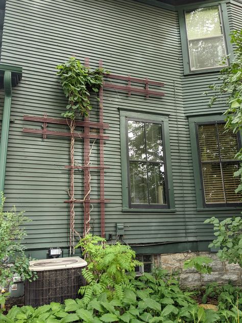 Trellis on green house Sage Green House With Black Trim, Black House Green Trim, Green House Green Trim, Dark Green House Exterior Black Trim, Houses Painted Green With Brown Trim, Green House Brown Trim, Green Shutters Brick House, House Aestethic, Green Houses Exterior