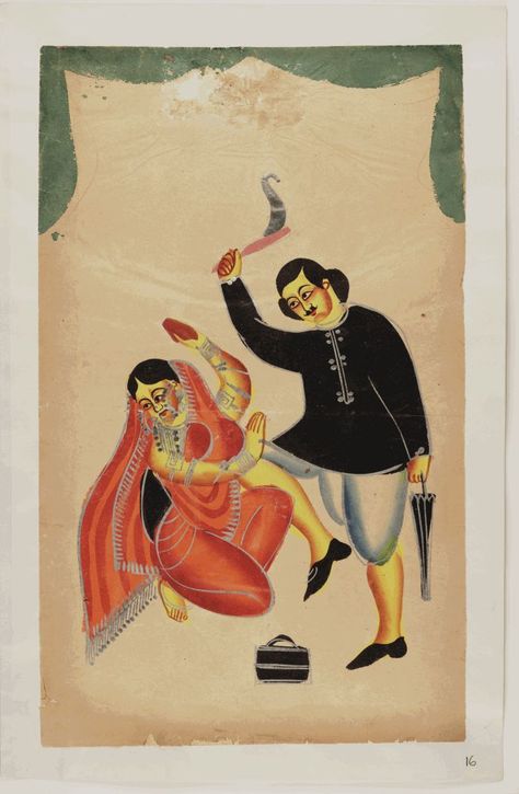 Kalighat paintings: The clerk Nabin Bannerji kills his unfaithful wife. 1875. 44,5 x 28cm Kalighat Paintings, Kali Temple, Think Before You Post, Bengal Art, Raja Ravi Varma, Ravi Varma, Bengali Art, Art Schools, Academic Art