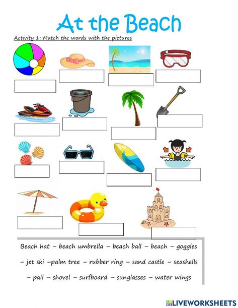 At The Beach Worksheet, Beach Worksheet, Landforms Worksheet, Beach Theme Preschool, Summer Fun Activities, Theme Preschool, English Learning Books, Esl Vocabulary, Learning Books