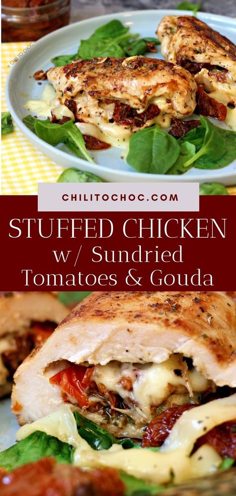 Chicken With Sundried Tomatoes, Sundried Tomato Chicken, Fancy Dinner Recipes, Stuffed Chicken Breast, Sundried Tomatoes, Gouda Cheese, Grilled Chicken Recipes, Stuffed Chicken, Sun Dried Tomatoes