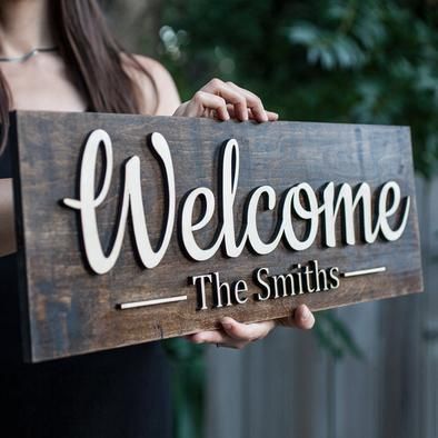 Welcome Sign Front Door, Welcome Signs Front Door, Established Family Signs, Name Plate Design, Word Walls, Welcome Design, Family Wood Signs, Front Door Sign, Family Name Sign