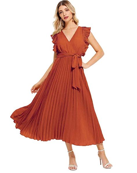 Pleated Fabric Dress, Bridesmaid Dresses Boho, Womens Wrap Dress, Preen By Thornton Bregazzi, Summer Retro, Rust Dress, Dress Orange, Pleated Maxi Dress, Pleated Fabric