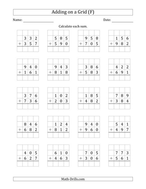 The Adding 3-Digit Plus 3-Digit Numbers on a Grid (F) Math Worksheet Adding 2 Digit Numbers, Middle Sounds Worksheet, Math Fact Worksheets, Math Practice Worksheets, Math Addition Worksheets, Math Drills, Math Subtraction, 3rd Grade Math Worksheets, Addition And Subtraction Worksheets