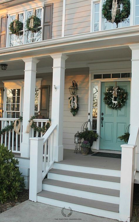 front-house-shot-christmas-porch Tan House, Painted Chandelier, Porch Colors, Exterior Paint Colors For House, Casa Exterior, Front Door Colors, Design Exterior, House Paint Exterior, Exterior Paint Colors