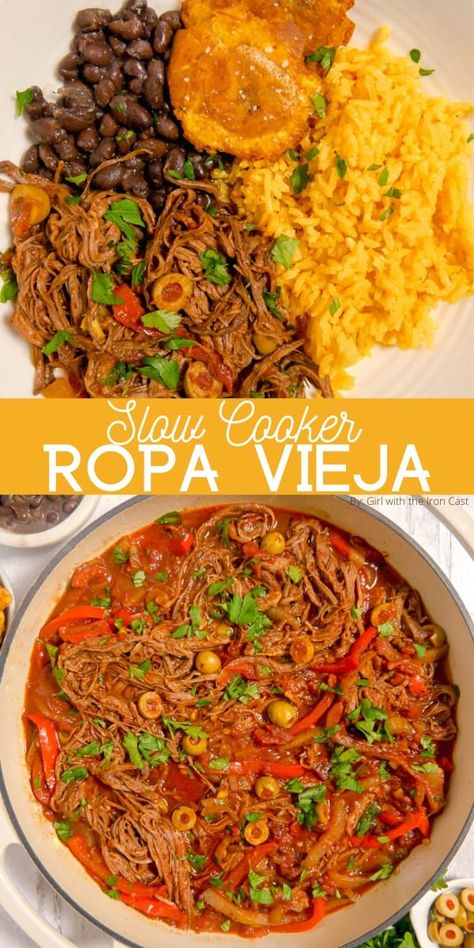 Ropa Vieja Recipe, Cuban Recipe, Cuban Dishes, American Foods, Easy Crockpot Dinners, Cuban Recipes, Think Food, Flank Steak, Easy Slow Cooker