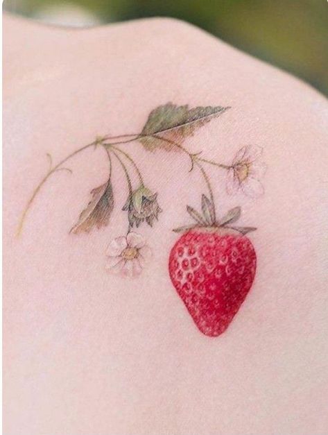 Kawaii Strawberry Tattoo, Strawberry Floral Tattoo, Strawberry Vine Tattoo Minimalist, Straw Berry Tattoo, Strawberry On Vine Tattoo, Two Strawberries Tattoo, Strawberry And Lemon Tattoo, Heart Shaped Tattoo Ideas, Vintage Strawberry Tattoo