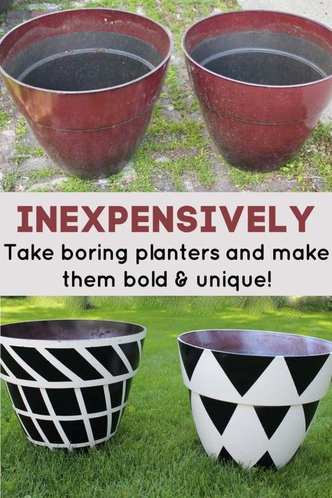 Create your own beautiful black and white geometric design planters. Much less expensive than buying them! Plus, you will have your own unique but bold design! Your container gardens will look gorgeous in these! Black And White Planters Diy, Black And White Flower Pots, Painting Plastic Planters, Cheap Planters, White Flower Pot, Herb Garden Planter, Small Terracotta Pots, Pots Diy, Beginner Gardening