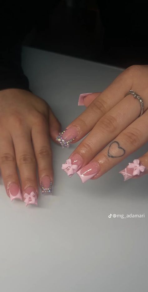 Duck Square Nails, Pink Nail Designs Square Medium, Pink Simple Nail Designs, French Square Acrylic Nails, Nails With Pink Design, Pink French Tip With Charms, Pink French Tip Nails With Charms, Pink Frenchies With Rhinestones, Pink Gem French Tips