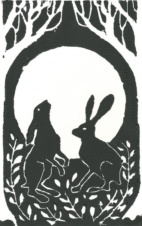 Hares linocut Rabbit Lino Print, Linocut Rabbit, Rabbit Linocut, Animal Linocut, Romanticising School, Rabbit Silhouette, Carved Stamps, Lino Cuts, Lino Printing