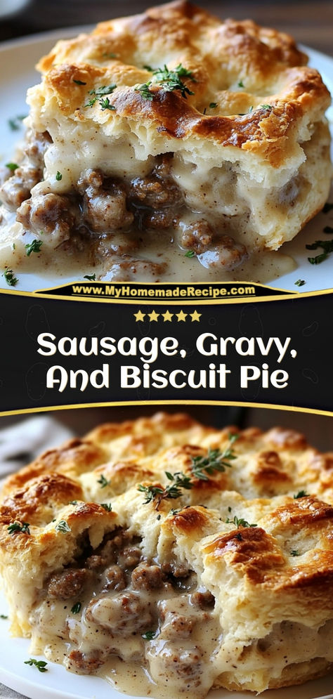 This sausage, gravy, and biscuit pie is hearty, comforting, and perfect for breakfast or brunch. It combines fluffy biscuits, savory sausage, and creamy gravy in a pie form!  Ingredients:  1 lb breakfast sausage, cooked and crumbled 1 can biscuits 1 cup country gravy ½ cup shredded cheddar cheese Enjoy this pie as a delicious twist on a classic Southern breakfast Sausage And Gravy Pot Pie, Sausage And Gravy Biscuit Pie, Biscuits N Gravy Casserole, Meal Ideas With Biscuits, Breakfast Ideas Using Grands Biscuits, Christmas Potluck Breakfast Ideas, Biscuits And Gravy Breakfast Pizza, Sausage Gravy Biscuit Pie, Breakfast Pot Pie Recipe