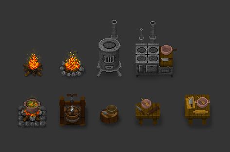 new appliances for cooking : fireplaces, cauldron, stove, oven, juice presser, and kitchen work-tables 🔥🔥🥖🍗🍯🌽🍋🍎🍲🥛🍴  – #BlossomAndDecay #indiegame #sandbox #mmo #arpg #pixelart #f2p #gamedev #indiedev #gameart #mmorpg #videogame Cauldron Pixel Art, Kitchen Pixel Art, Fireplace Game, Pixel Game, Work Tables, New Appliances, Action Pose Reference, Pixel Art Tutorial, 2d Game Art