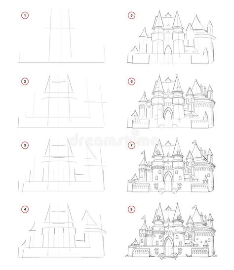 How to draw from nature step by step sketch of medieval French castle. Creation pencil drawing. Educational page for artists. stock illustration Castle Drawing Easy, Castle Sketch, Step By Step Sketches, Drawing Dragon, French Castle, Medieval Drawings, Castle Drawing, Car Stock, Nature Sketch