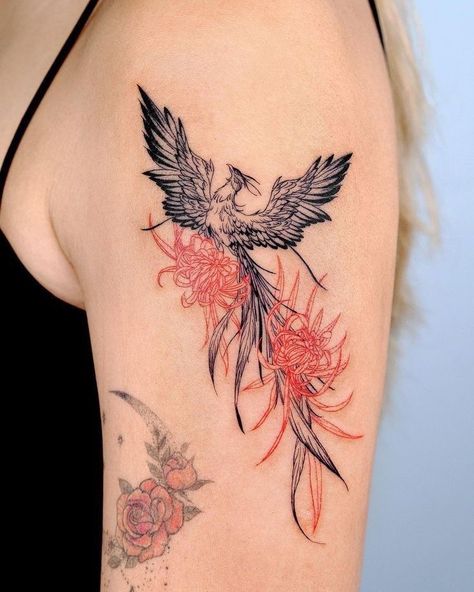 Black And Red Phoenix Tattoo, Red Ink Phoenix Tattoo, Phoenix Tattoo Back Women, Phoenix Tattoo Shoulder, Phoenix Flower Tattoo, Red Phoenix Tattoo, Japanese Phoenix Tattoo Design, Pheonix Tattoo For Women, Phoenix And Flower Tattoo