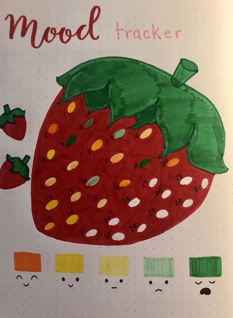 Here’s the mood tracker for my May 2022 bullet journal spread, I really like how it turned out! 🍓🌼 Strawberry Mood Tracker, Strawberry Bullet Journal, Strawberry Cottagecore, Bullet Journal Mood Tracker, Journal Mood Tracker, Journal Tracker, Journal 2024, Bullet Journal Mood, Bullet Journal Themes