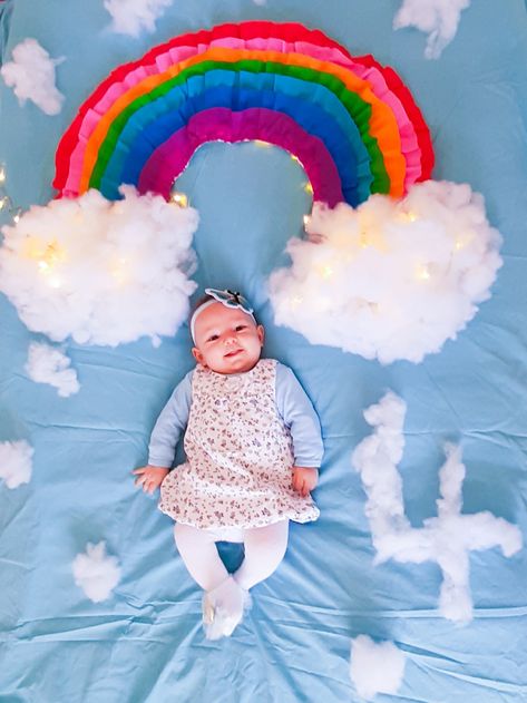 Rainbow Photoshoot Baby, Rain Theme Baby Photoshoot, 4 Months Baby Pictures Ideas, Babyphotoshoot Photoshoot, Baby Decoration Ideas, 4 Month Baby Photoshoot, Rainbow Baby Photography, Baby Birthday Photoshoot, Baby Crafts Diy