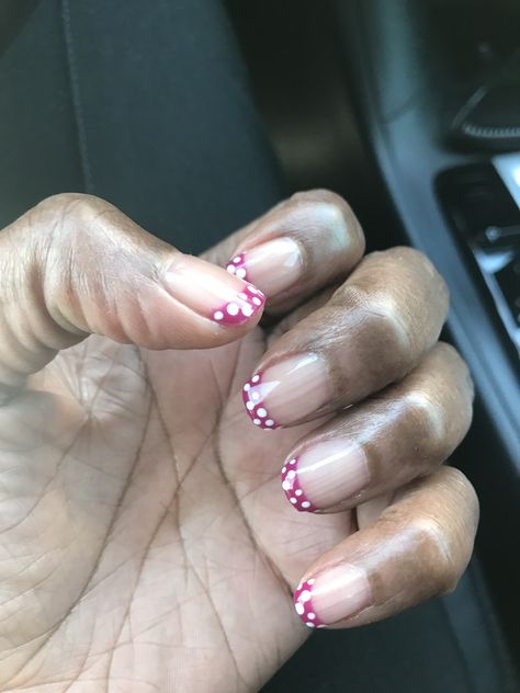 French manicure color with polka dots Polka Dot Nails French Tip, Polka Dot French Tip Nails, Dot French Tip, No Chip Manicure, French Tip Gel Nails, Pink French Manicure, Gel French Manicure, French Manicure Designs, Manicure Colors